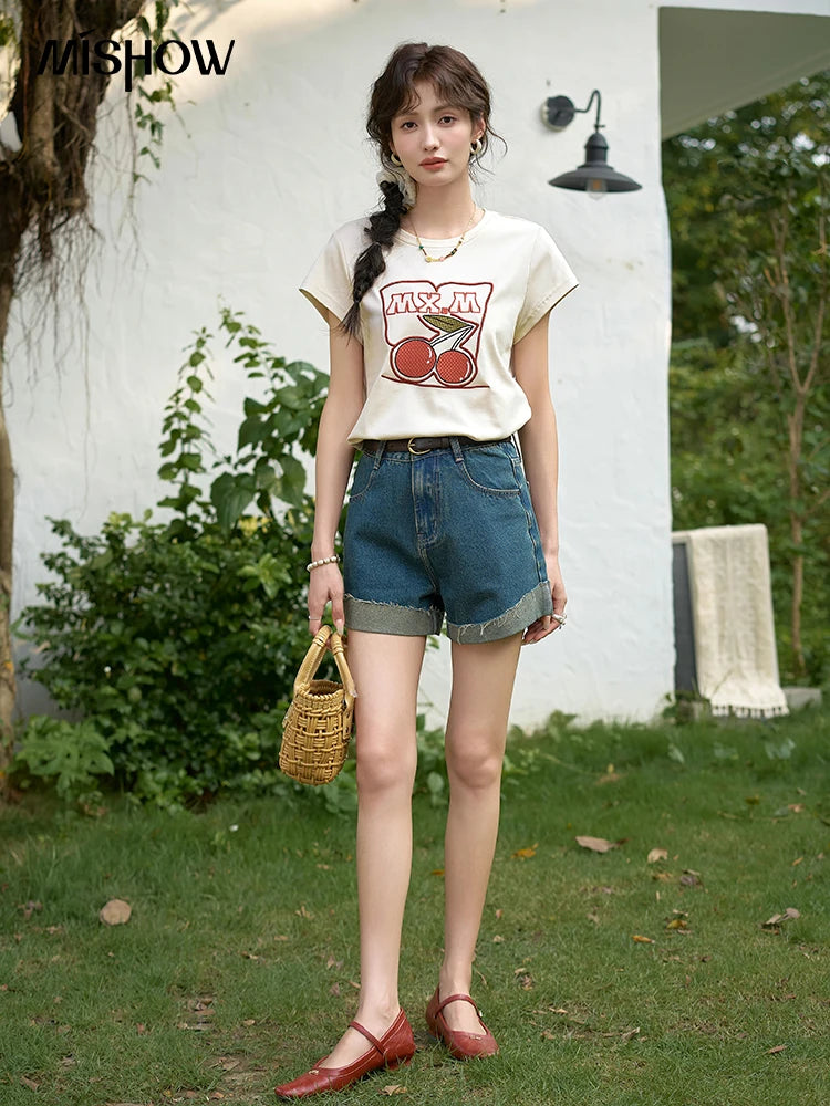 Mishow High Waist Curled Edge Denim Shorts MXD30K0659