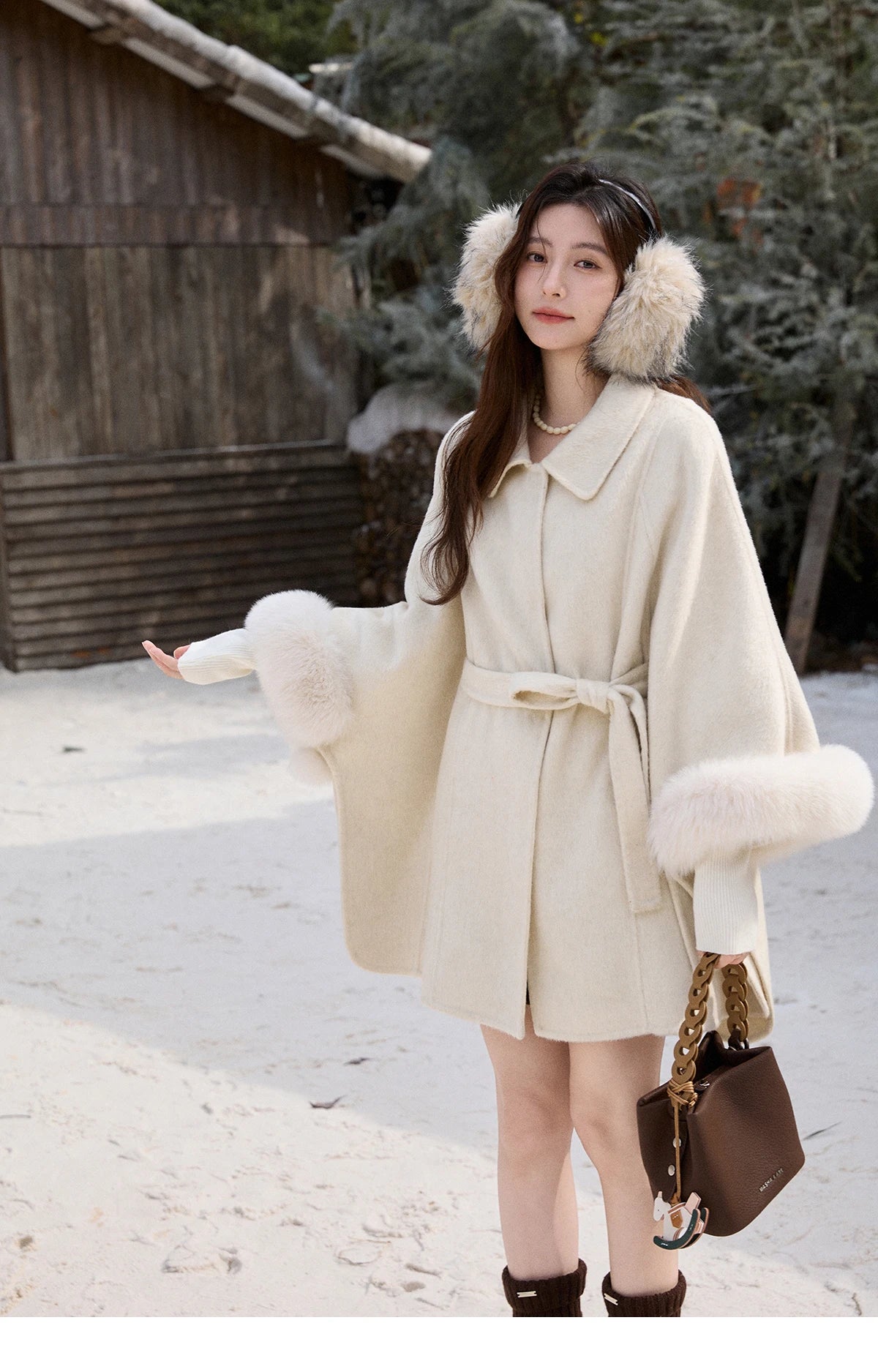 Mishow 100% Wool Cape with Detachable Furry Cuffs MXE90W0947