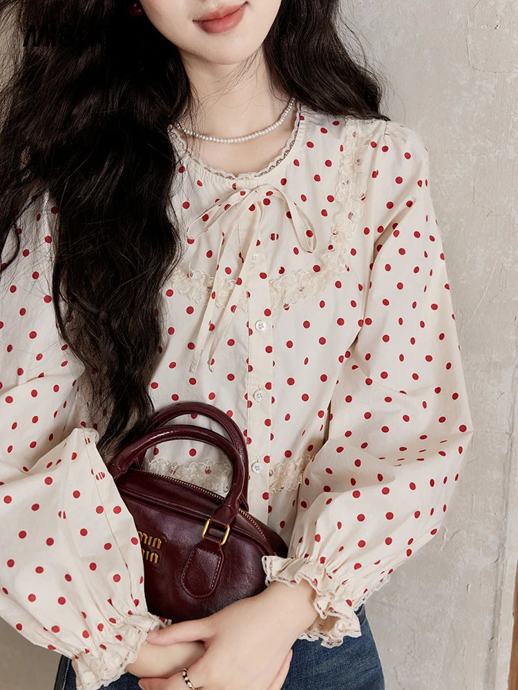 MISHOW Lace Up Polka Dot Round Neck Lace Shirt Elastic Petal Cuffs MXD44X1667
