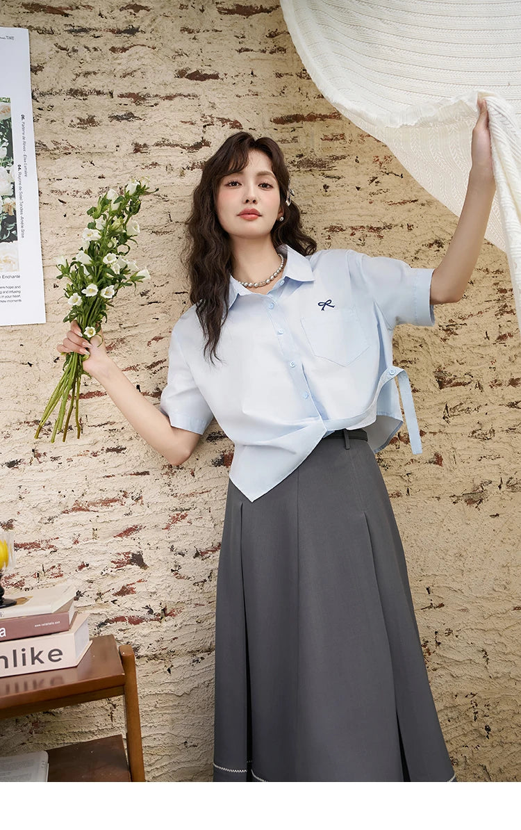 MISHOW Same Color Bow Embroidered Shirt Asymmetric Hem MXD23C0257