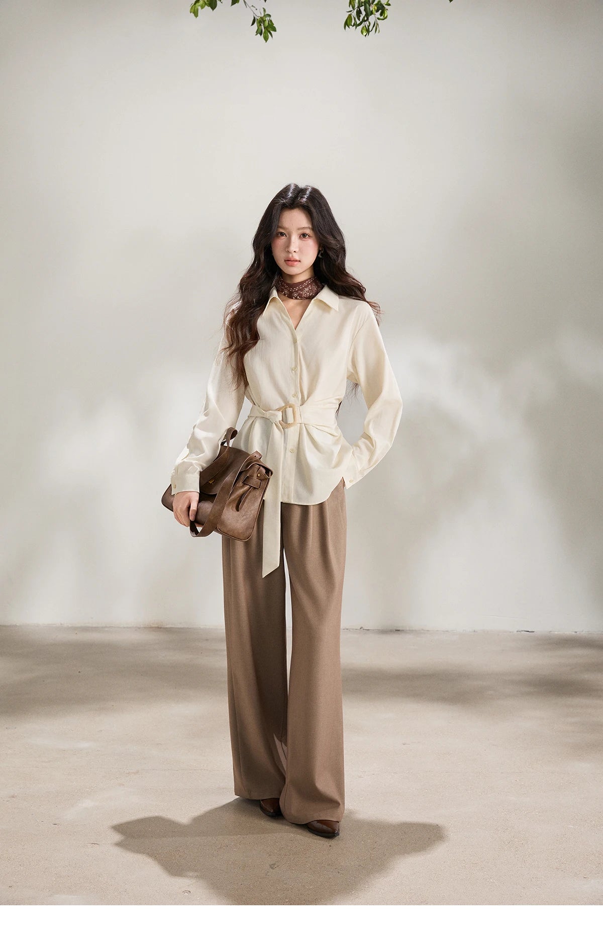 MISHOW Lapel Collar Shirt with Belted Waist Soft Beige MXF13C2452