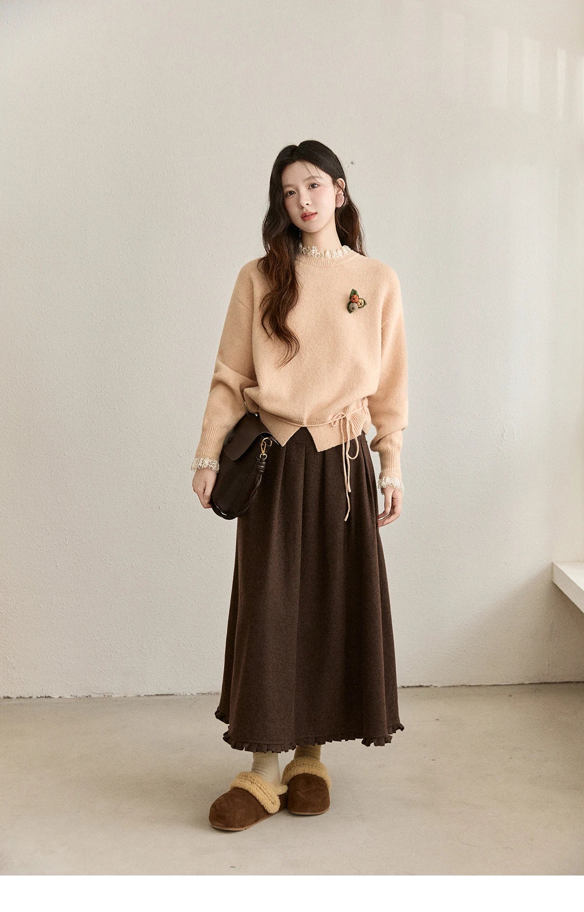 Mishow Lace Trim Knit Sweater & Back Split Midi Skirt Set MXE92T1450