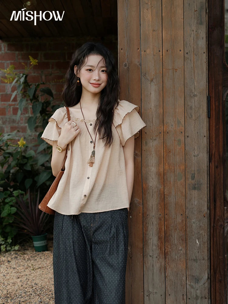 MISHOW Butterfly Sleeve Blouse Square Neck Button Loose MXE37X1854