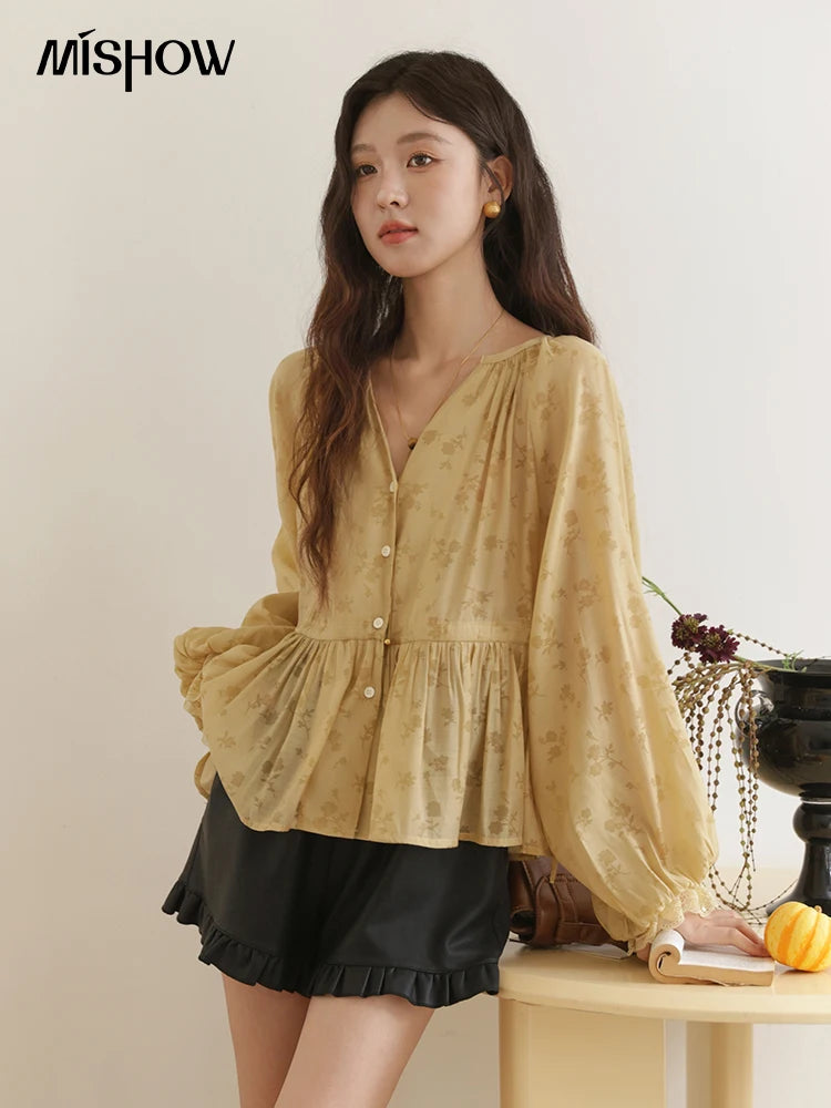 MISHOW Yellow Print Shirt Lantern Sleeve Drawstring Waist MXE45X2499