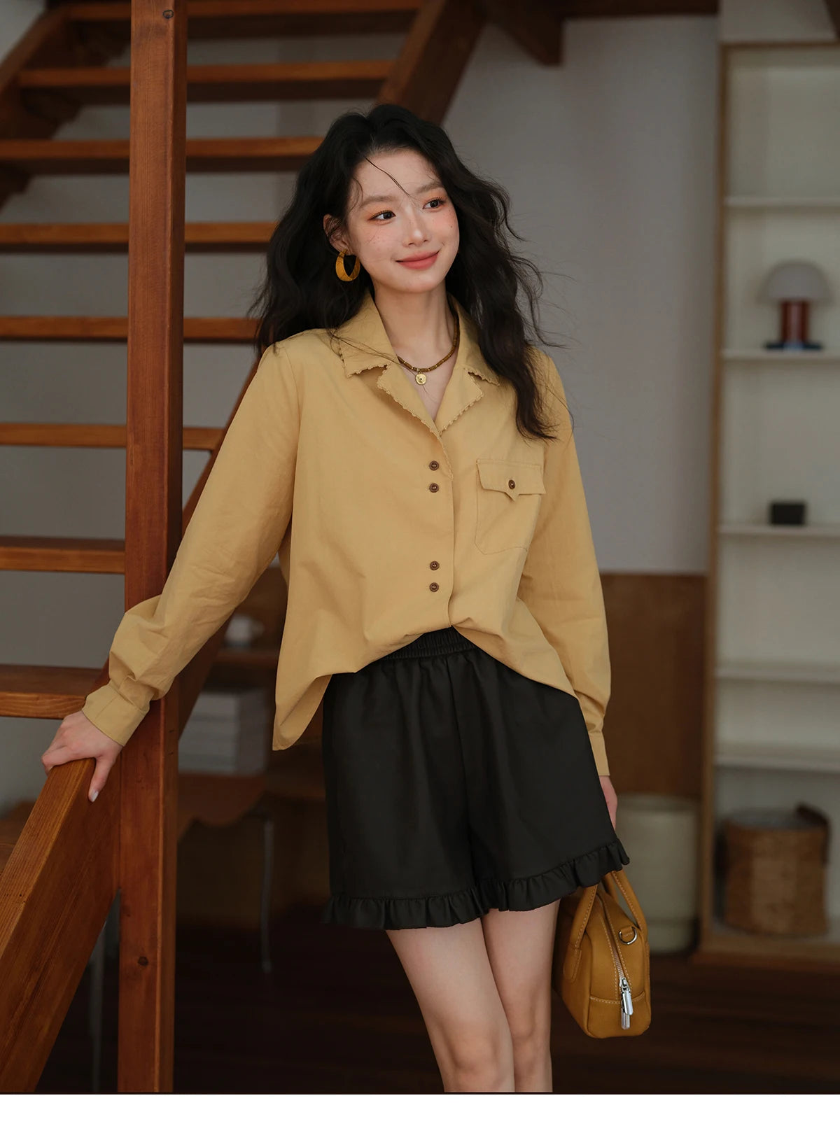 MISHOW Yellow Lapel Cotton Shirt Contrast Button Pocket MXE41C2356