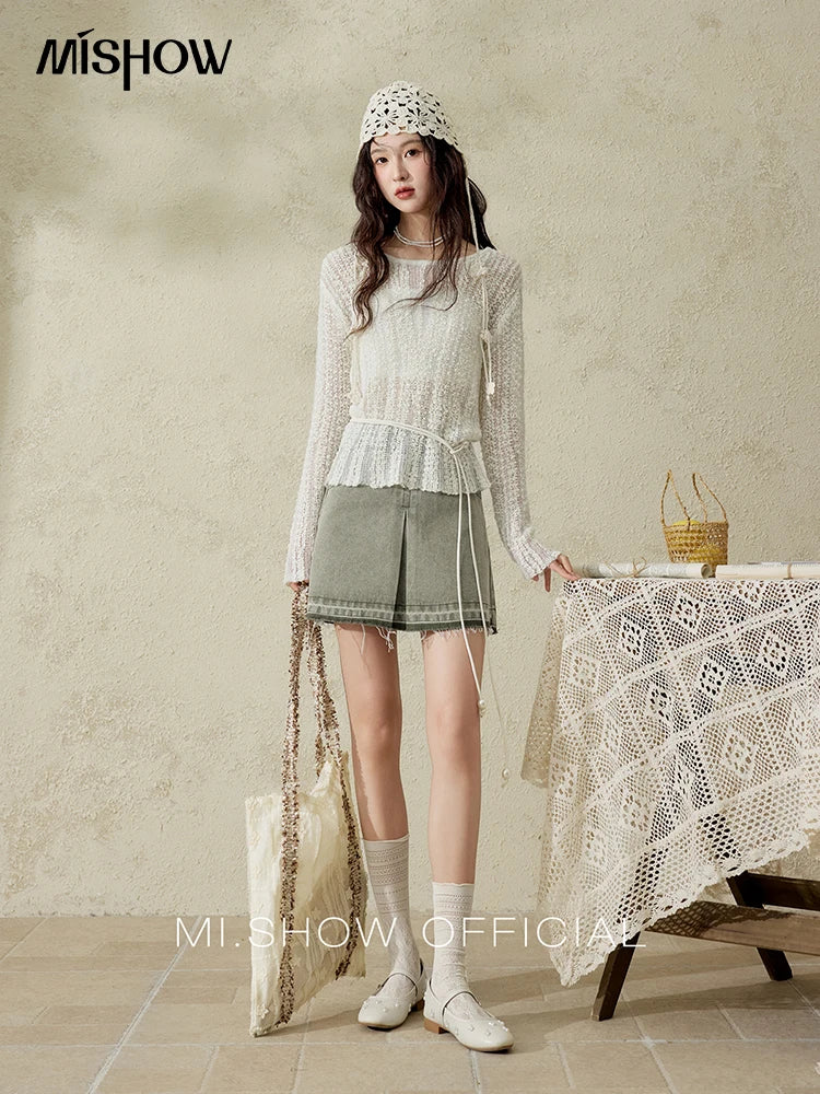 Mishow Apricot White Hollow Mohair Drop Sleeve Top MXE12Z1120