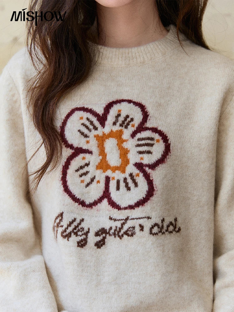 Mishow Beige Flower Pattern Letter Print Pullover MXE91Z2869