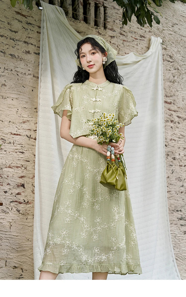 Mishow Chinese Green Stand Collar Top & Selvedge Skirt Set MXD22X1388
