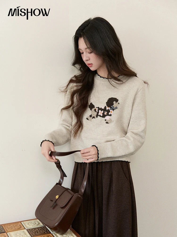 Mishow Burgundy Poodle Pattern Ruffled Trim Pullover MXE93Z2949