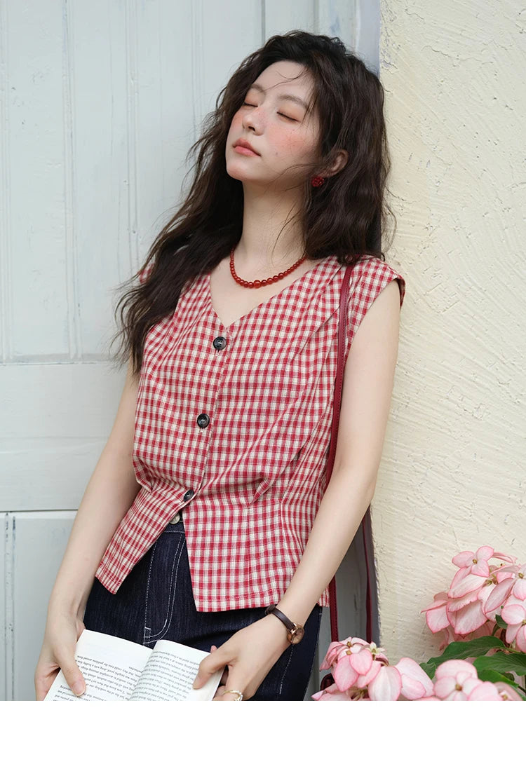 MISHOW Red Plaid V-Neck Shirt Button Front MXE37X1921