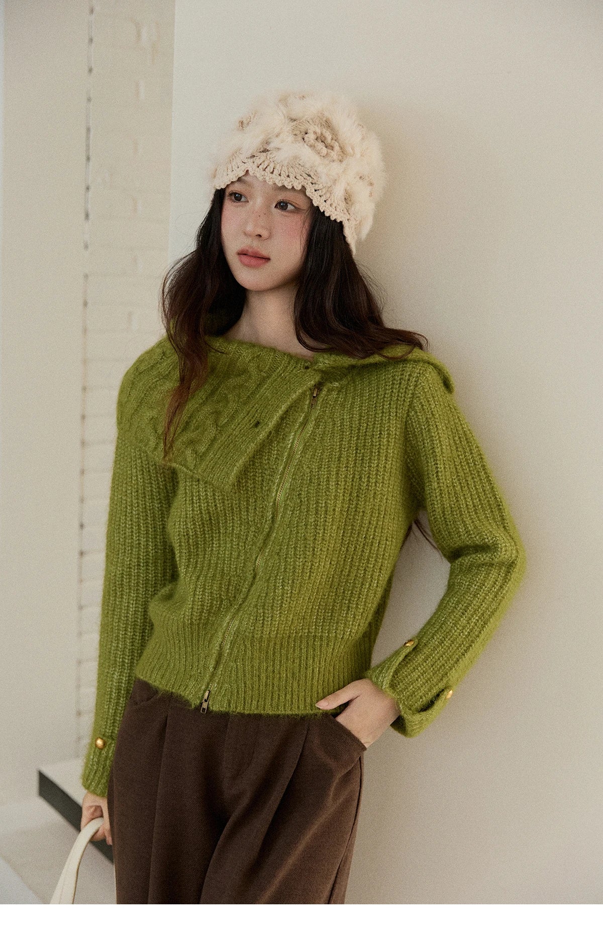 Mishow Green Wool Blend Long-Pile Large Lapel Pullover MXE90Z2760