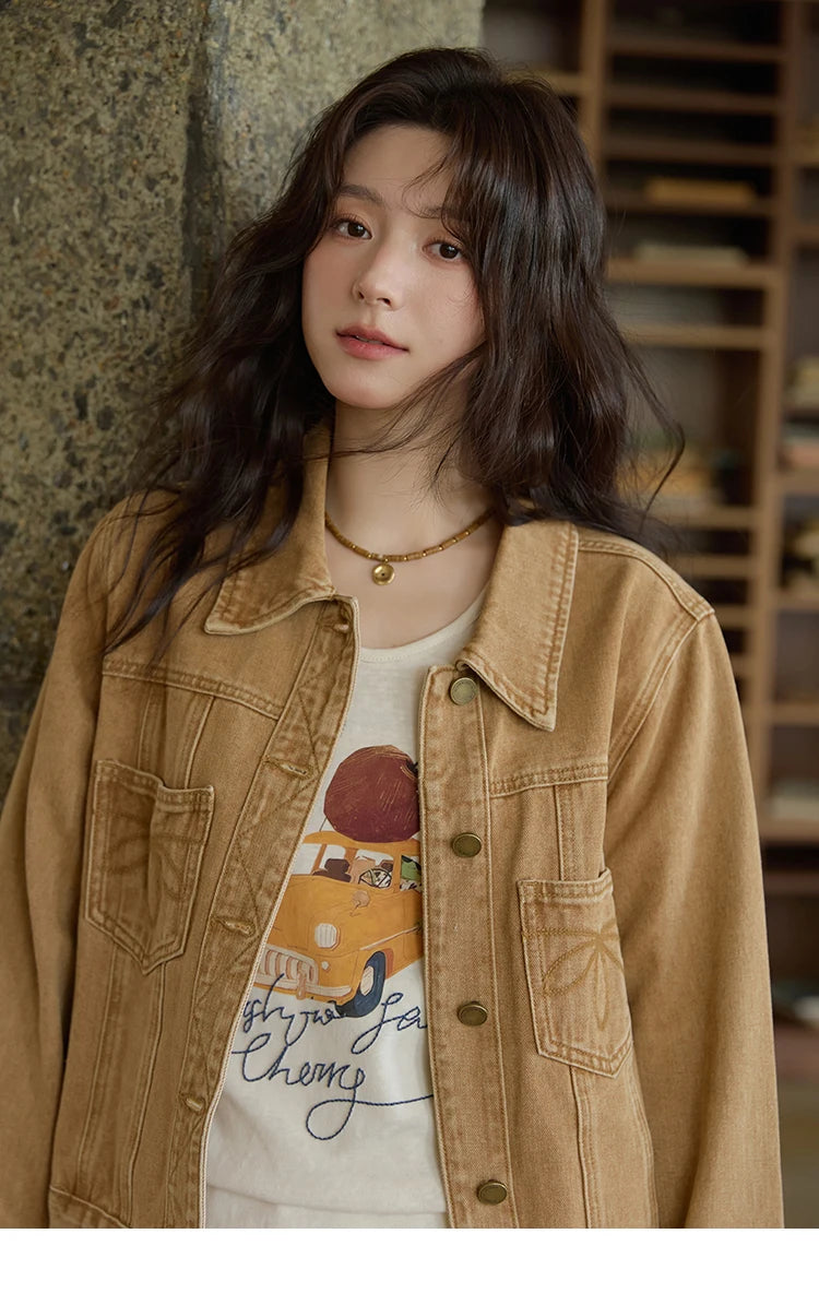 MISHOW Light Brown Denim Jacket Embroidered Pockets Dropped Sleeve MXE41W0795