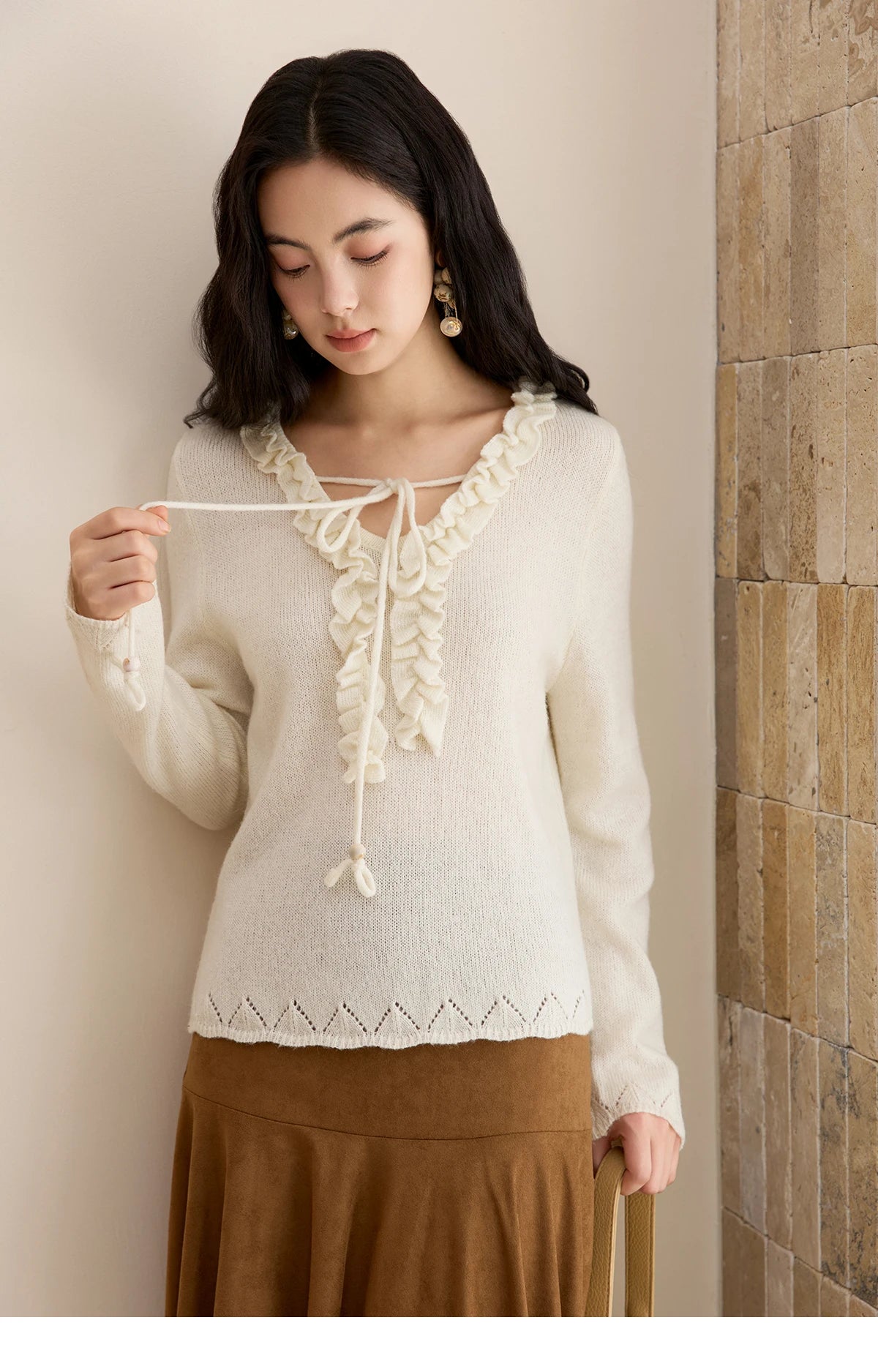 Mishow Beige V-Neck Wood Ear Hollow Sweater MXE51Z2595