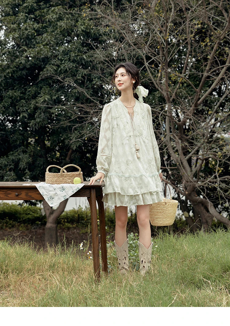 Mishow Floral V-Neck Tassel Lantern Sleeve Dress MXE15L2121