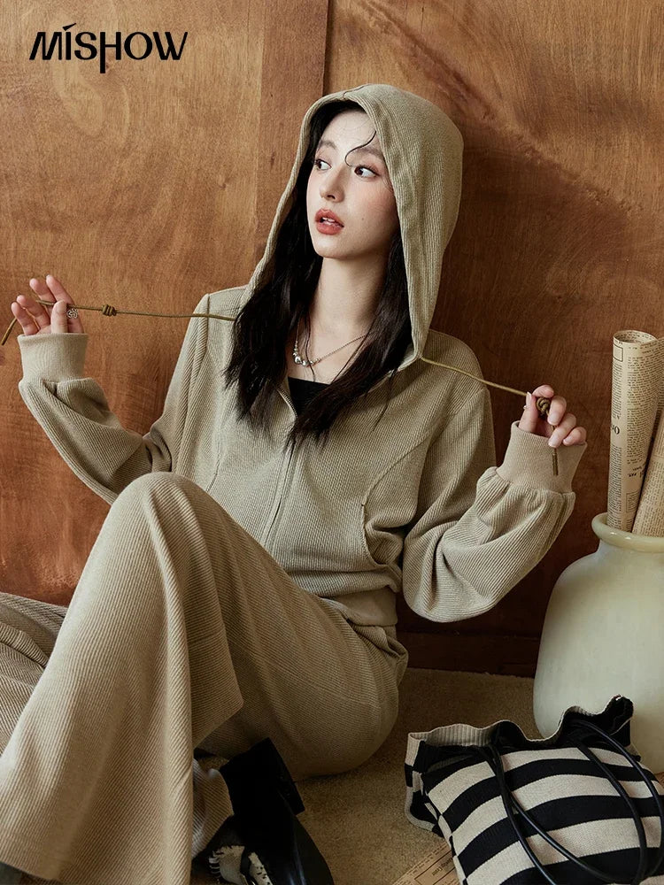 Mishow Hooded Double Zipper Sweatshirt & Straight Leg Pants Set MXD44Z0794