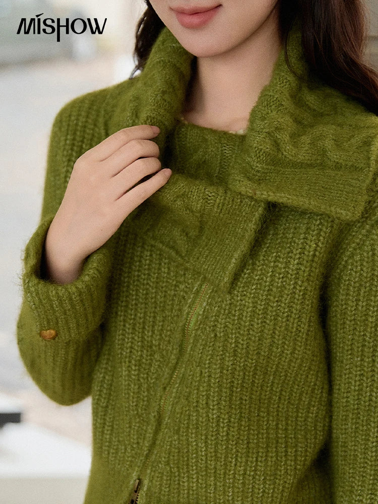 Mishow Green Wool Blend Long-Pile Large Lapel Pullover MXE90Z2760