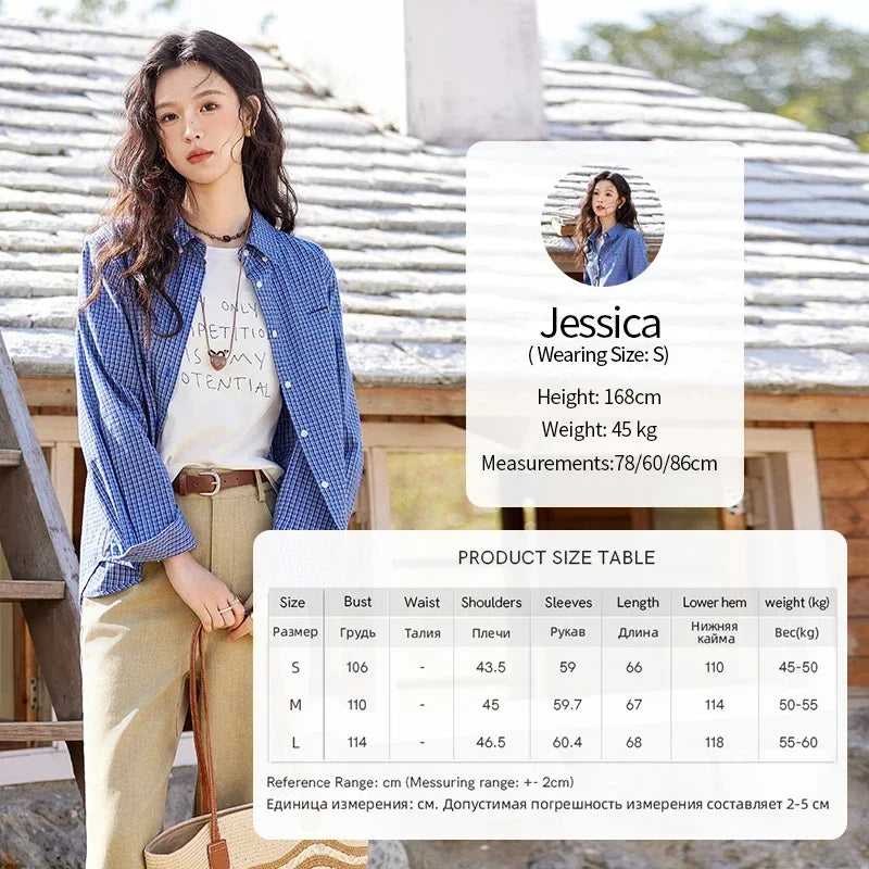 MISHOW Retro Blue Checkered Shirt Lapel Cotton Loose MXE11C0398