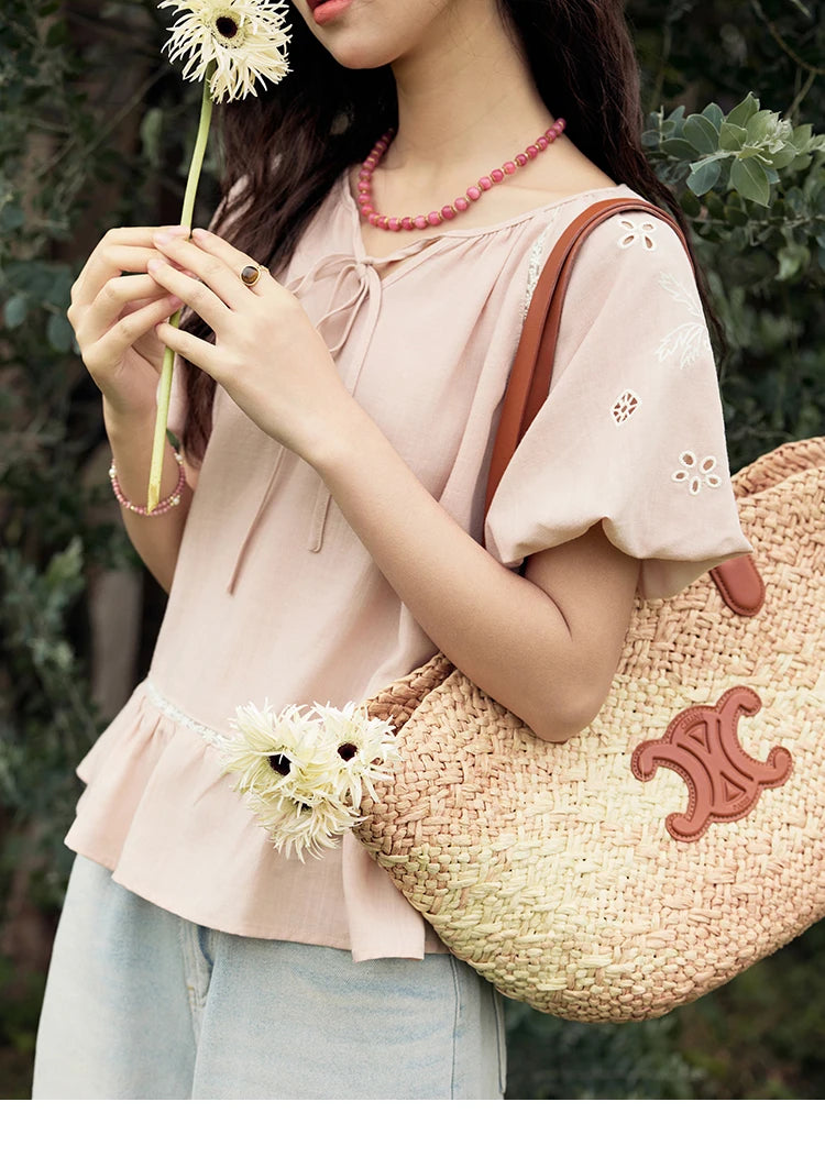 MISHOW Puff Sleeve Blouse Round Neck Hollow Embroidery MXE31X1747