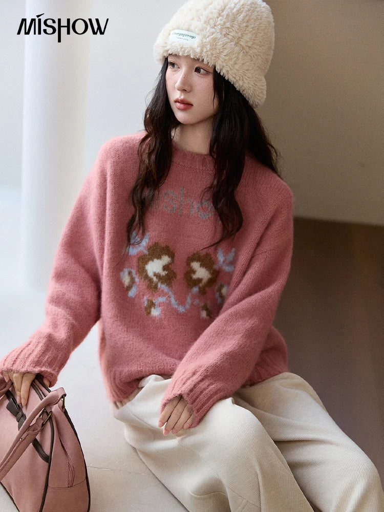 Mishow Pink Jacquard Crew Neck Pullover MXE91Z2831