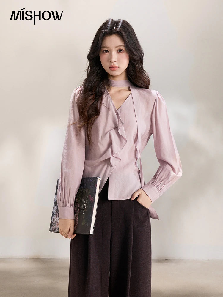 MISHOW Women's Purple Ribbon V-Neck Ruffled Shirt MXF13X2527