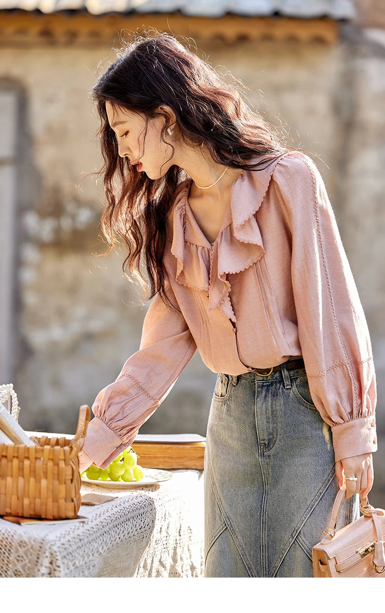 MISHOW Lotus Leaf Collar Shirt Bubble Sleeves Pink Chiffon MXE12X1702