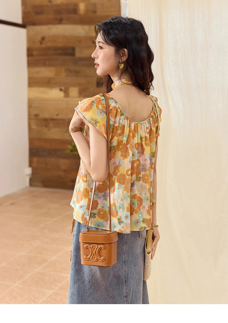 MISHOW Cotton Citrus Oil Painting Blouse Flying Sleeve MXE36X1872