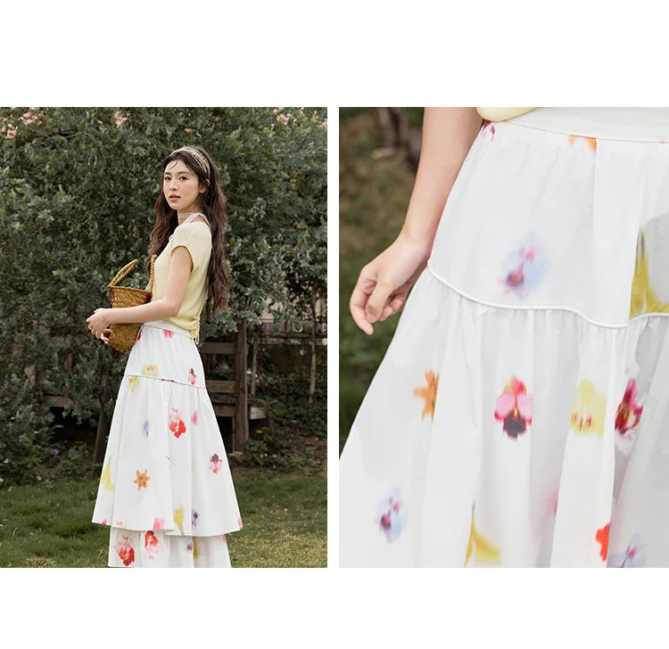 MISHOW White Background Flower Cotton Skirt High Waist A-LINE MXE32B0720