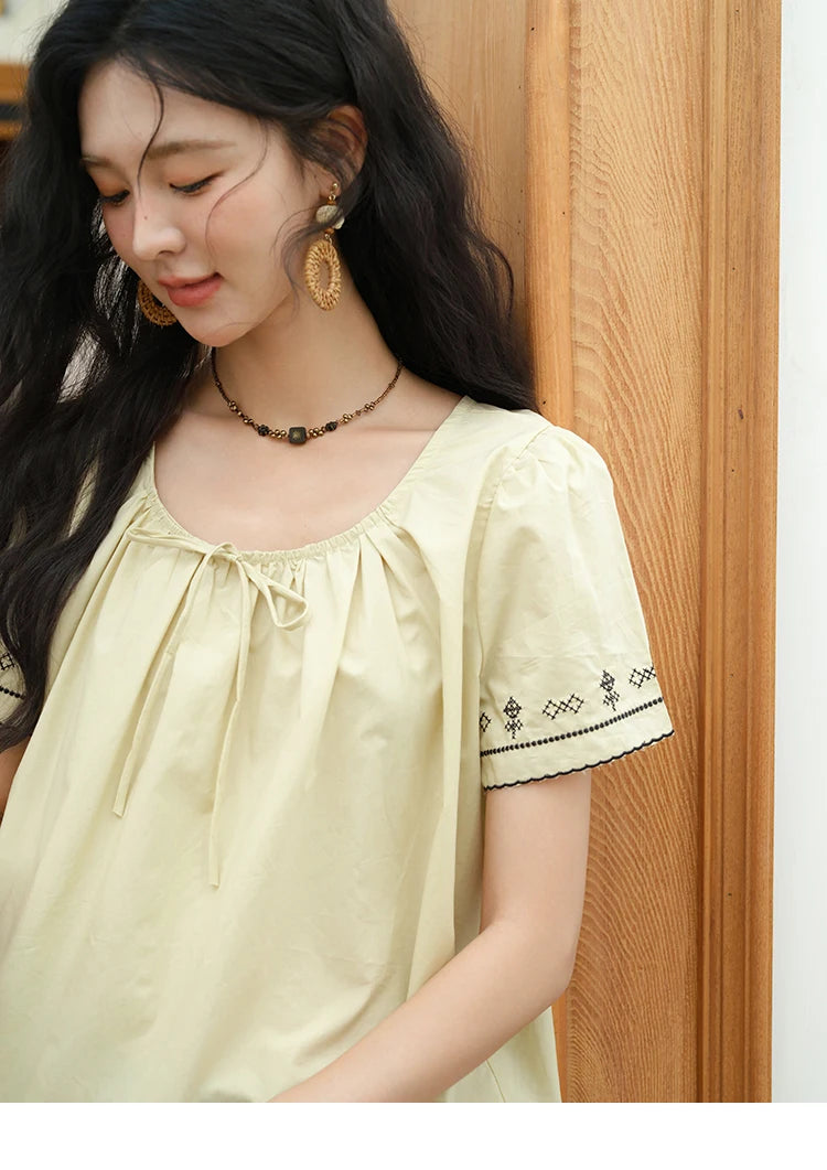 MISHOW Cotton Blouse Round Neck Lace Up Puff Sleeve MXE39X1966
