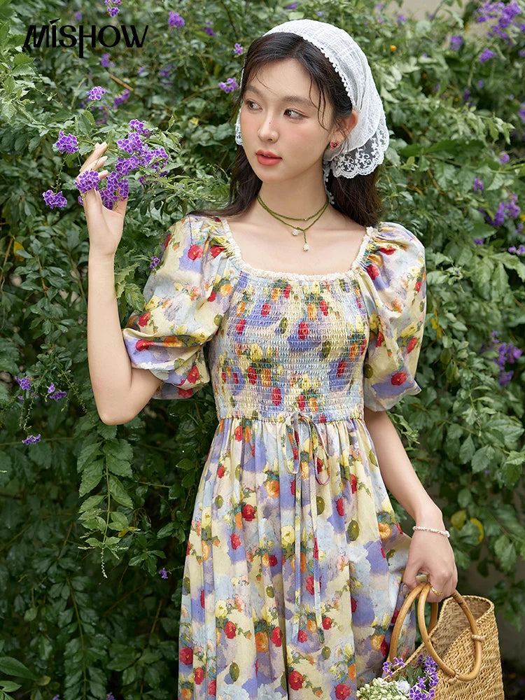 Mishow Floral Smocked Puff Sleeve Beach Dress MXD24L1905