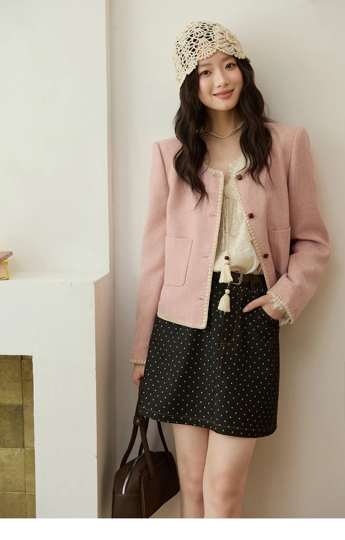 MISHOW Solid Tweed Jacket Round Neck Long Sleeved Short MXE44W0812
