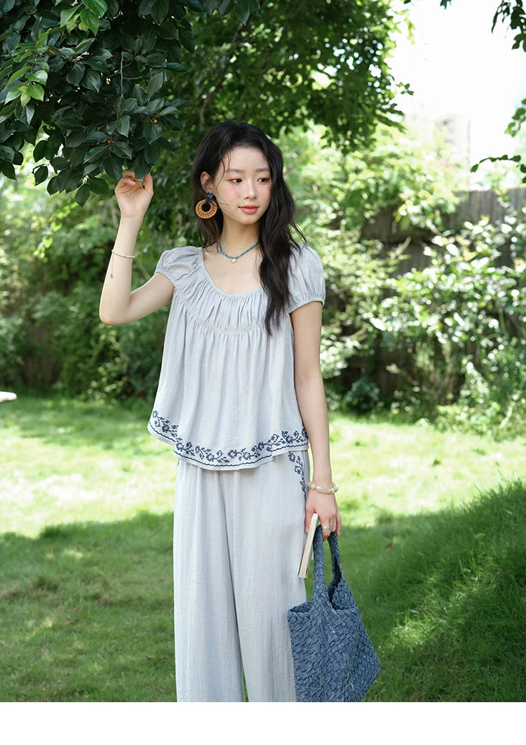 Mishow Embroidery Flower Round Neck Blouse & Pocket Wide Leg Pants Set MXE39T0669