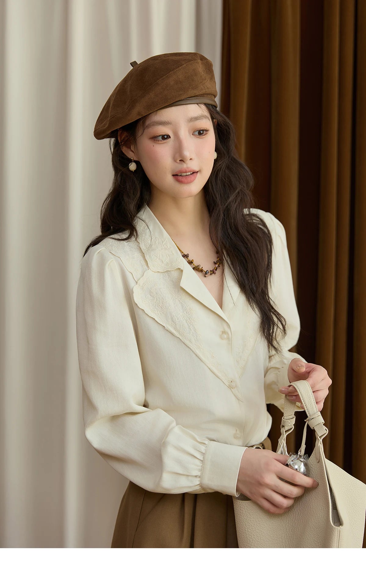 MISHOW Apricot Retro Lace V-Neck Blouse MXE45X2486