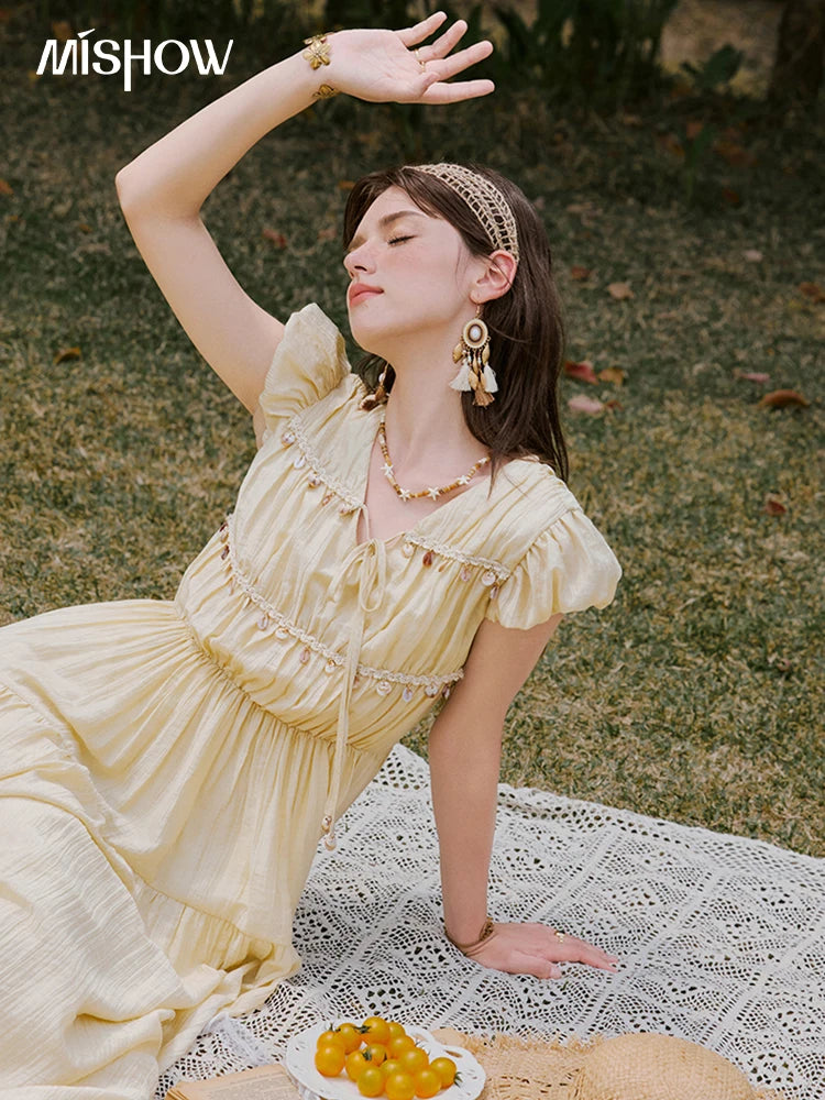 Mishow Solid V-Neck Puff Sleeve Shell Ribbon Dress MXE33L2193