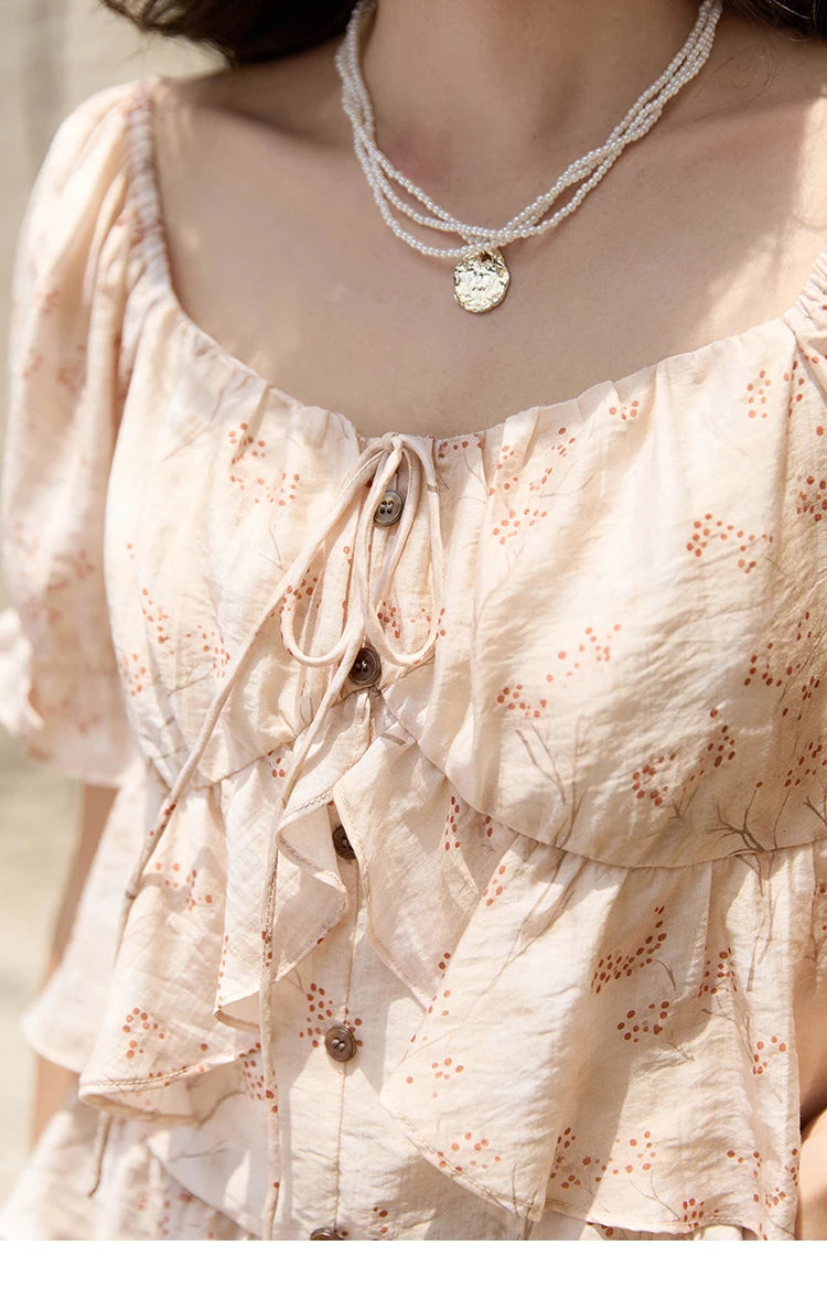 MISHOW Floral Print Square Neck Shirt Bubble Sleeve Patchwork MXD30X1565