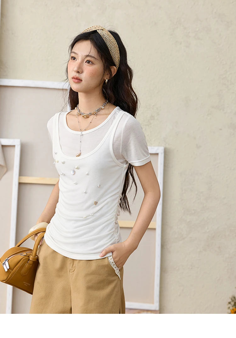 Mishow White Fake Two-Piece Bead Tee MXE35T0566