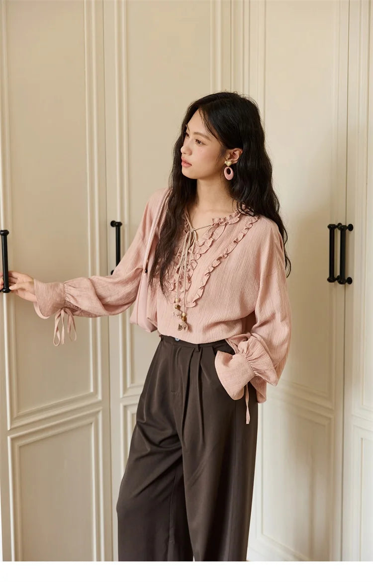 MISHOW Pink Blouse V-Neck Bubble Sleeve Fold Edge MXE45X2485