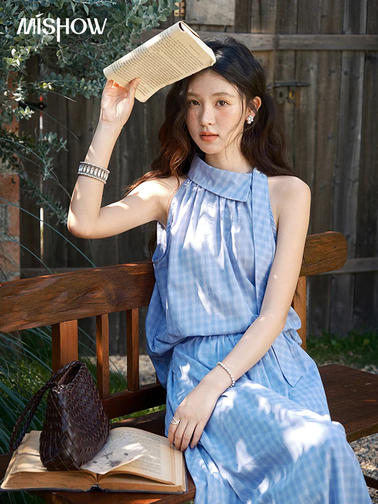 Mishow Plaid Hanging Neck Button Top & A-Line Skirt Set MXE39T0711
