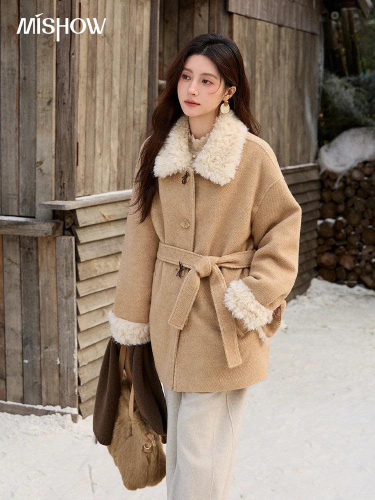 Mishow Thick Wool Blend Belted Patchwork Coat MXE92W0997