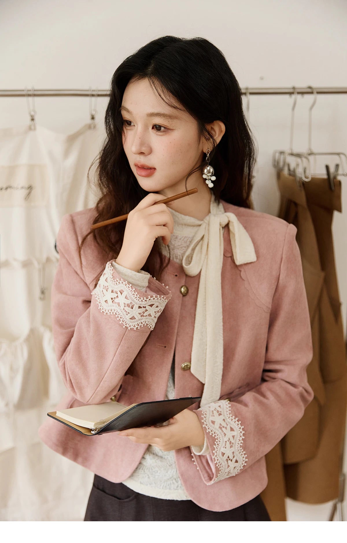 Mishow Apricot Retro Stand Neck Lace Up Bow Top MXE45Z1382