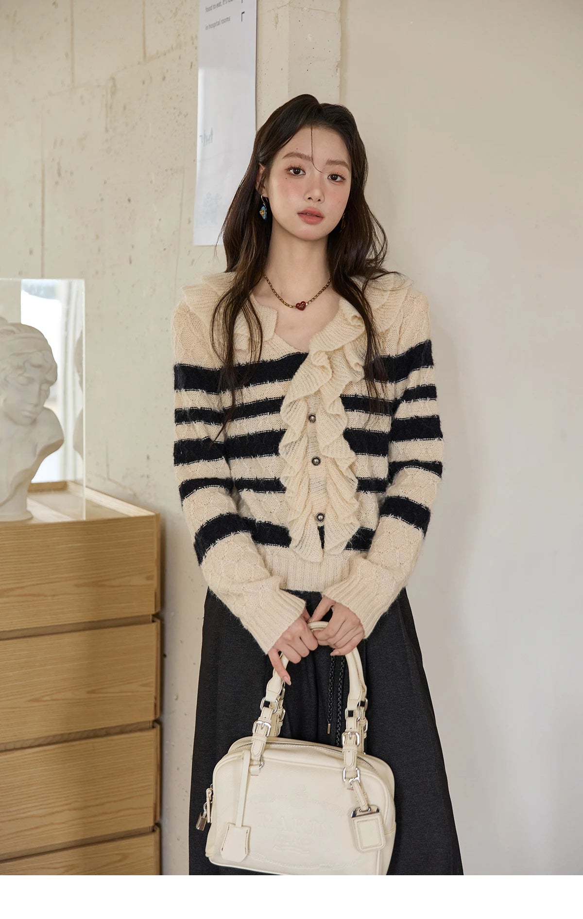 Mishow Striped Asymmetrical Ruffled Cardigan MXE51Z2633