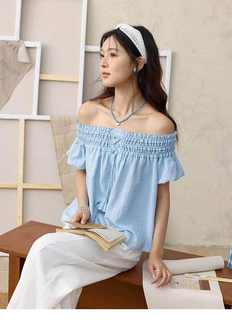 MISHOW Mist Blue One Shoulder Blouse Elastic Pleated Puff Sleeve MXE34X1796