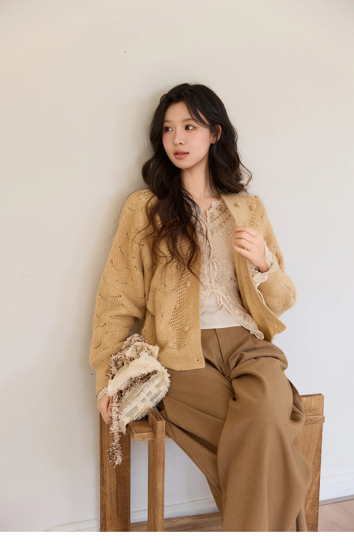 Mishow Hollow-out V-Neck Bobble Knit Cardigan MXF108Z1020