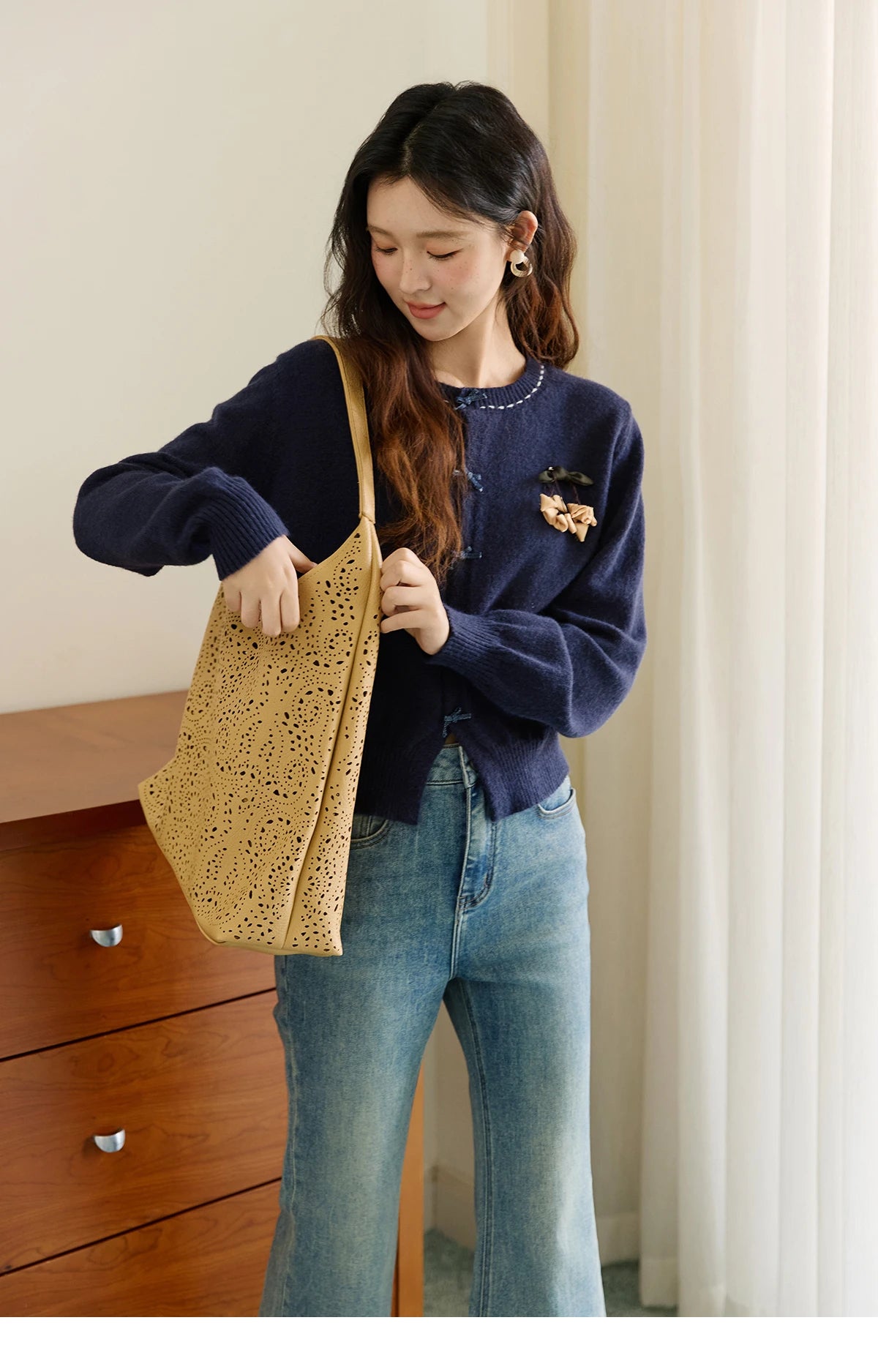 Mishow Bow Placket Lantern Sleeve Cardigan with Brooch MXE45Z1377