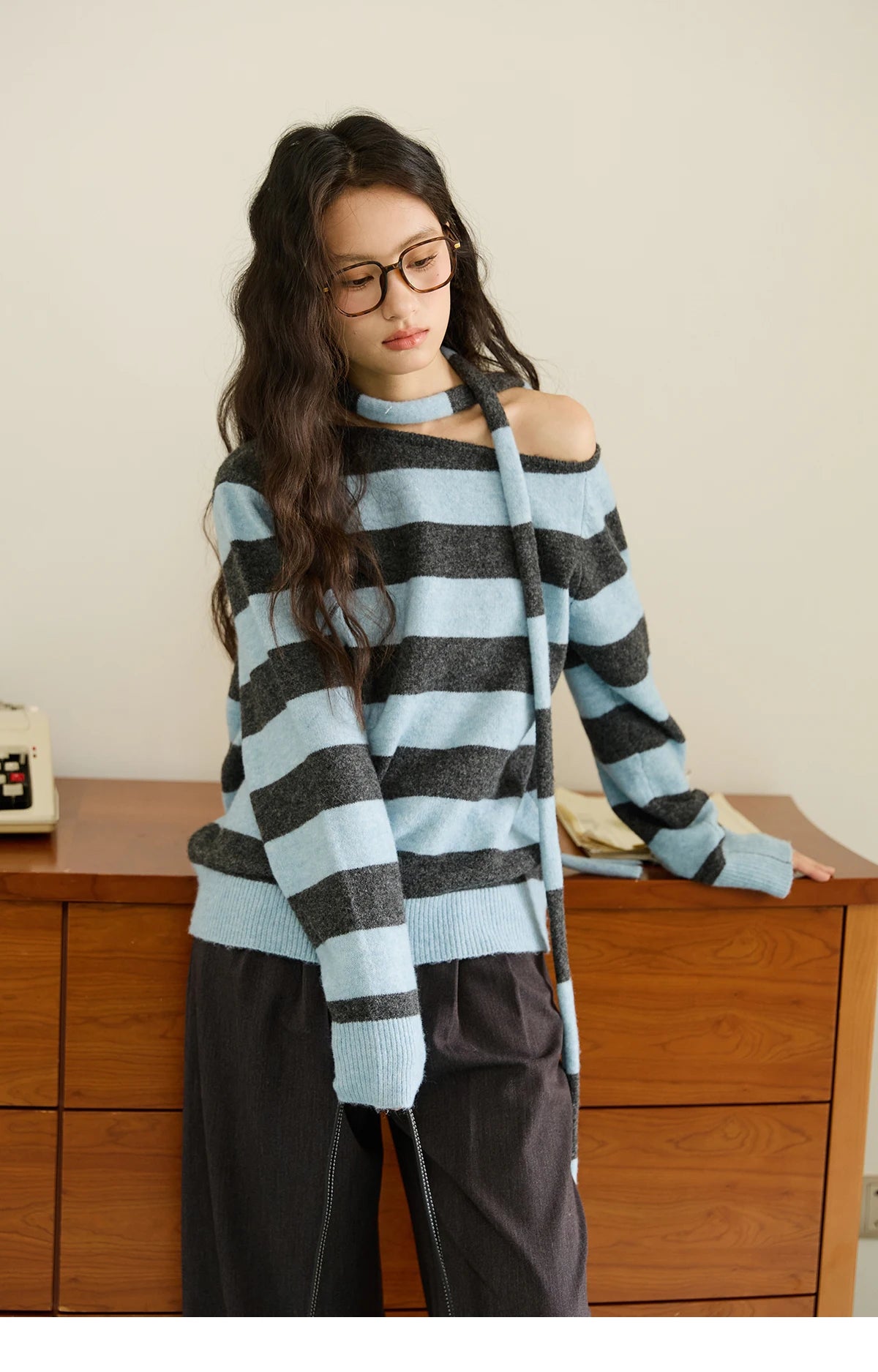 Mishow Blue Gray Slanted Shoulder Ribbon Sweater MXE46Z2540