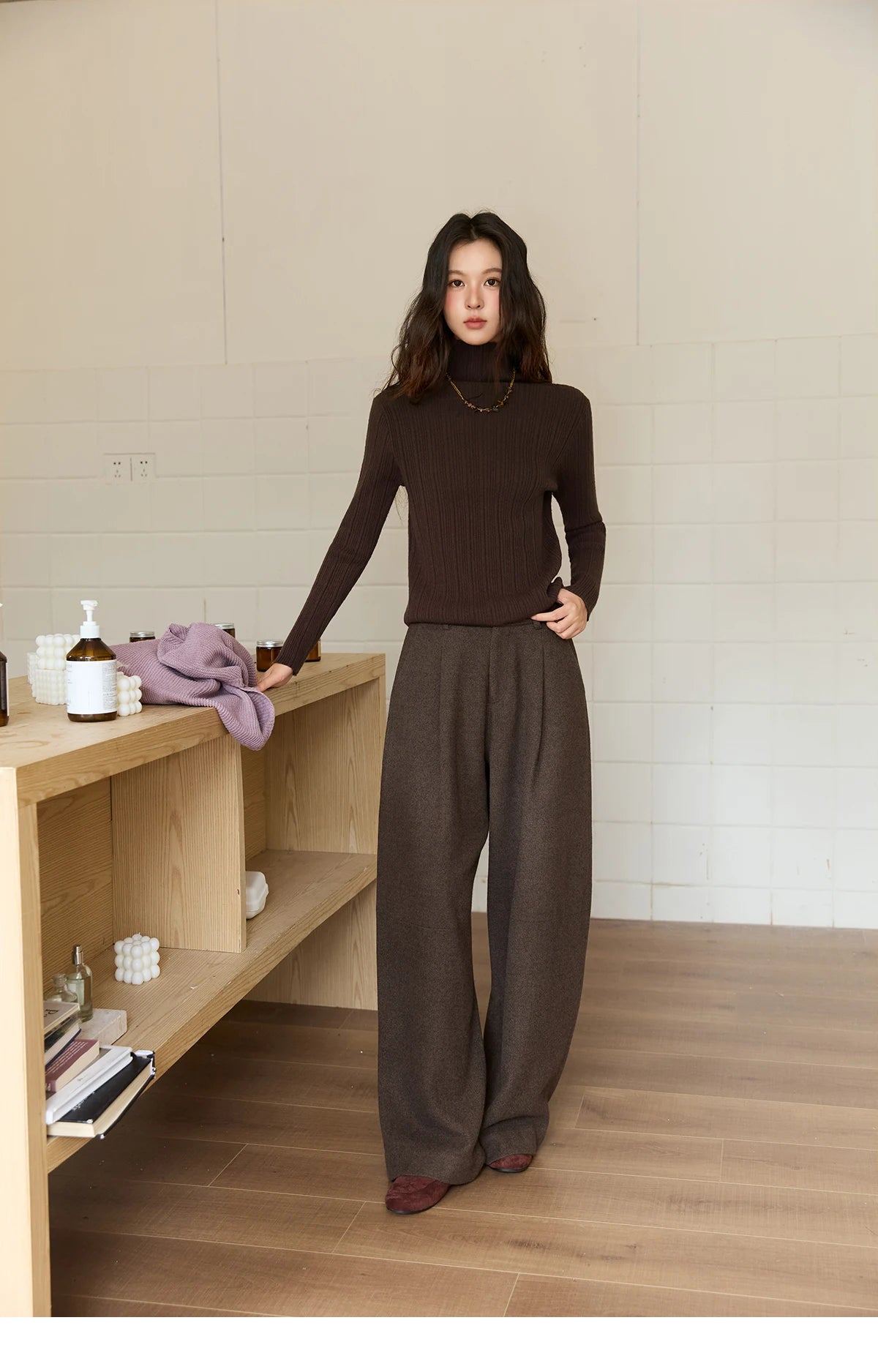 Mishow Solid Turtleneck Vertical Ribbed Slim Top MXE86Z2656