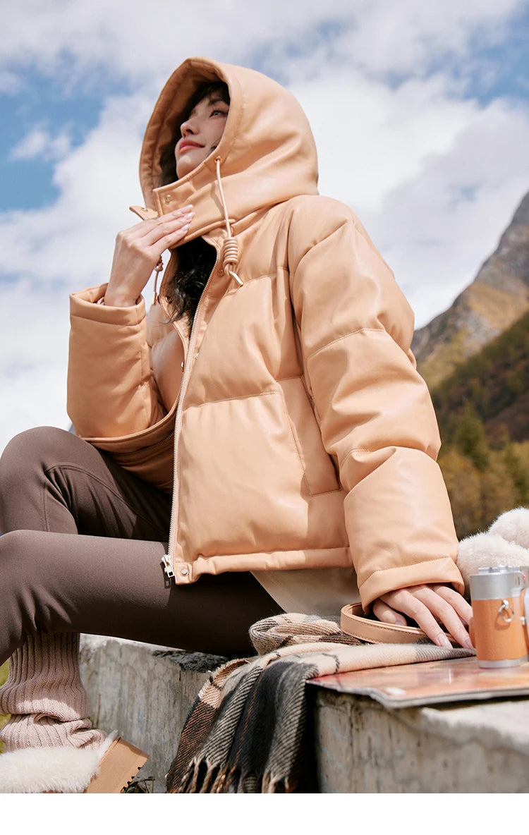 Mishow Hooded Imitation Leather Short Down Jacket MXC52Y0008