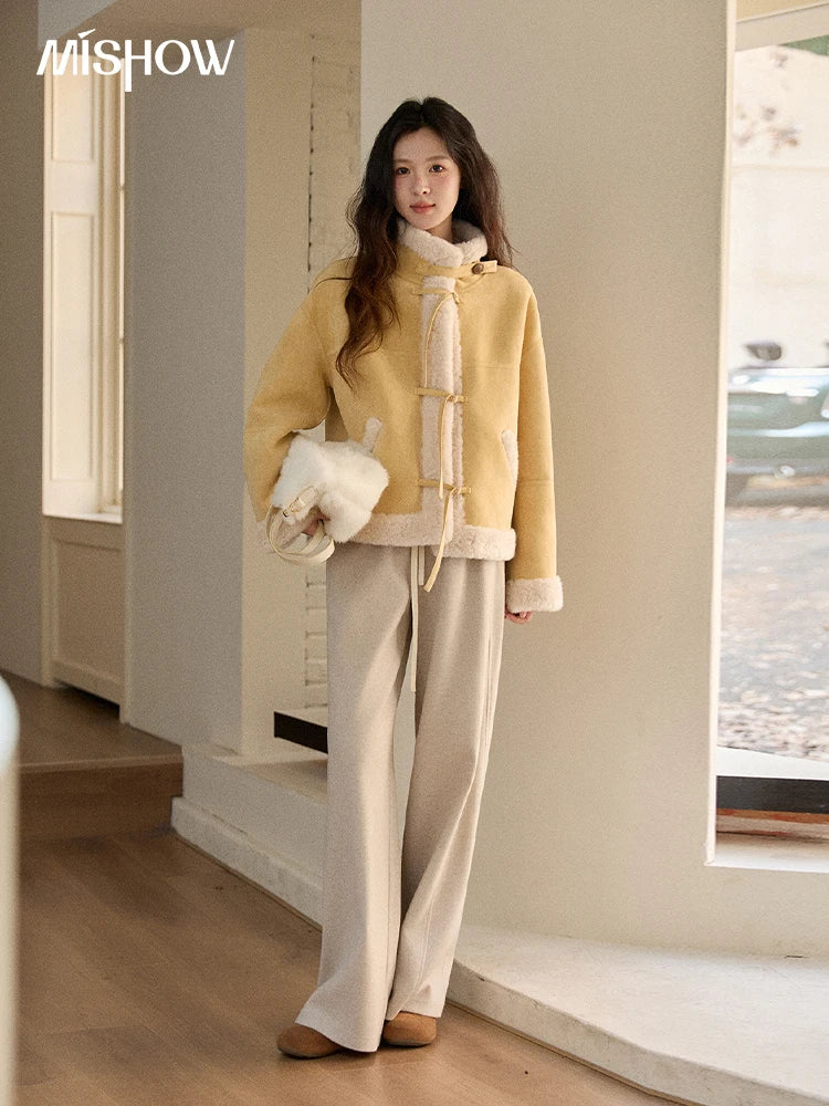 MISHOW Yellow Suede Fur Collar Short Coat Single-Breasted MXE89W0897