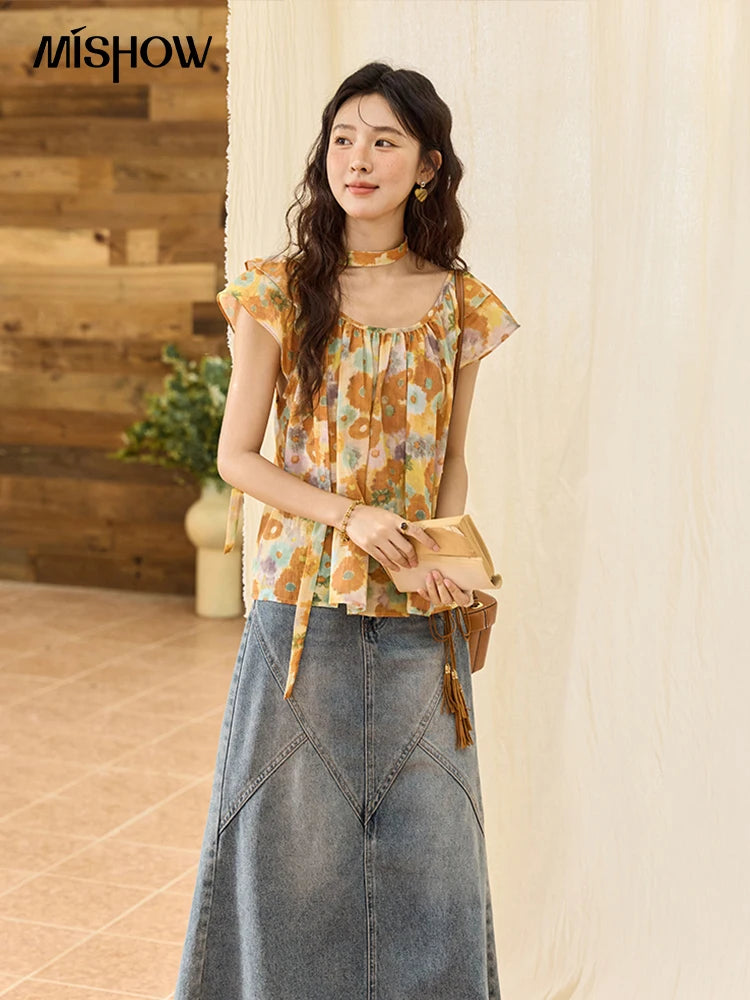 MISHOW Cotton Citrus Oil Painting Blouse Flying Sleeve MXE36X1872