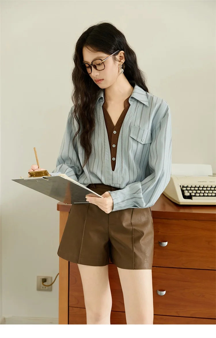 MISHOW Peach Skin Velvet Stripe Shirt Double Layered Collar MXE47C2408