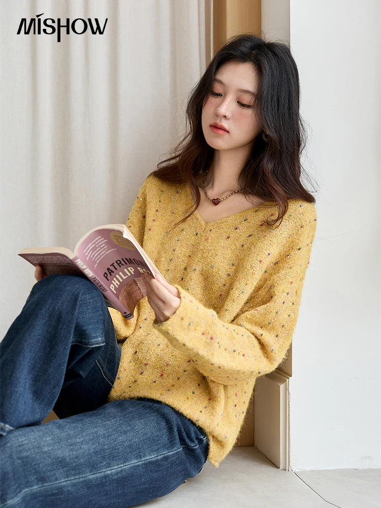 Mishow Retro Yellow Sequins V-Neck Pullover MXE47Z2572